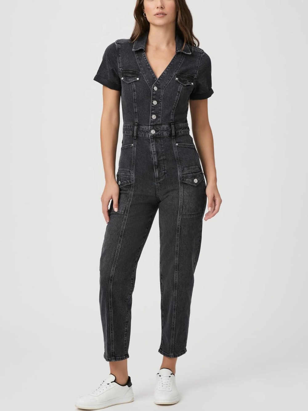 Paige Alexis Barrel Cargo Denim Jumpsuit- Black sz 6 - Picture 2 of 6